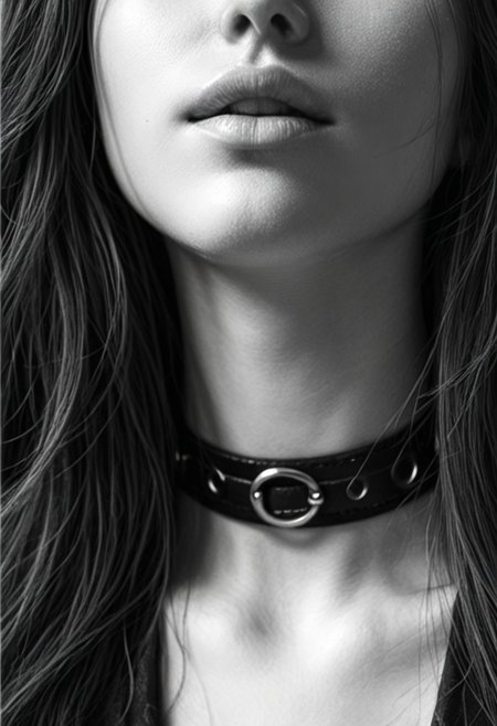 score_9, score_8_up, score_7_up BREAK
(portrait shot, close up)
1girl, long hair, pale lips, choker.
((black and white, black and while:2))