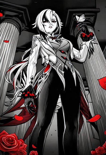 monochrome, greyscale,  <lora:odysseasXL_NBVP1_lokr_V6311PZ:0.95> 1girl,arlecchino \(genshin impact\),genshin impact,arm at side,black eyes,black gloves,black hair,black pants,bright pupils,bug,butterfly,butterfly on hand,coat,coattails,color contrast,expressionless,falling petals,feet out of frame,flower,frilled sleeves,frills,from below,gloves,grey vest,hand up,long hair,long sleeves,looking at viewer,low ponytail,multicolored hair,pants,parted lips,petals,pillar,ponytail,red flower,red nails,red pupils,red rose,rose,solo,standing,streaked hair,swept bangs,symbol-shaped pupils,two-sided fabric,vest,white coat,white hair,x-shaped pupils,black handwear