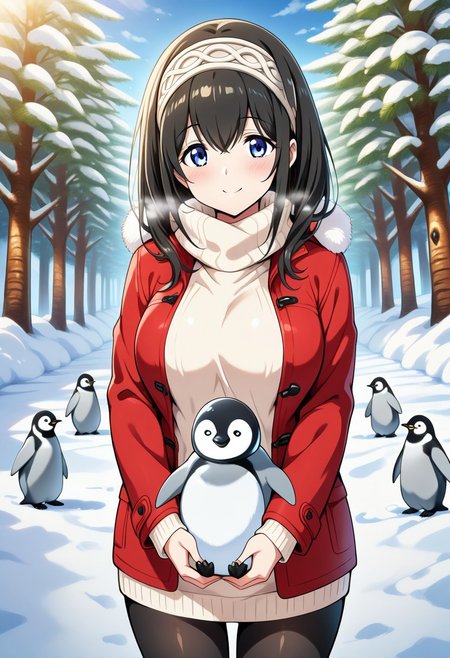 Animal Christmas, masterpiece, best quality, fumika sagisawa, blue eyes, black hair, long hair, large breasts, 1girl, winter clothes, cute animal, smile, penguin, anime,