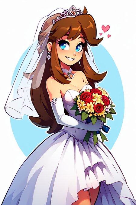 score_9, score_8_up, score_8, medium breasts, (curvy), cute, eyelashes,       BREAK, , gurin, blue eyes, brown hair, long hair, <lora:GreenPokemonaaabbbccccccc:0.8>, , BREAK, smile, looking at viewer,  bride, wedding dress, bridal veil, strapless dress, elbow gloves,  holding bouquet,  hearts, white outline, cowboy shot, embedding:zPDXL, Expressiveh, <lora:theOtherHalfPDXL:0.8>,  <lora:CatalystStylePDXL:0.6>,  <lora:SDXLFaeTastic2400:0.5>,  <lora:Expressive_H-000001:0.4>,