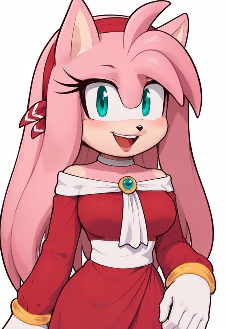 white background, simple background, sold color background, 2d, 1girl, solo, masterpiece, best quality, extreme detail, hourglass figure, wide hips, round boobs, medium breasts, narrow waist, mature female,
 1girl, solo, Sega, amy rose, white gloves, long sleeves, red dress, off shoulder, choker, green eyes, pink hair, long hair, extremely long hair, hair over shoulders, white trim, gold bracelets, red headband, animal ears, anthro female, eyelashes, baggy sleeves, 
close up, upper body, happy expression, hand up, blush, smile, open mouth, looking at viewer,