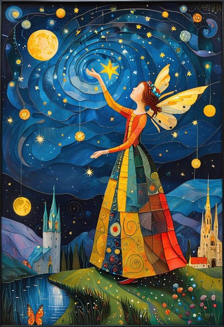 (masterpiece, best quality, best quality, official art, beautiful and aesthetic: 1.2), (one girl: 1.4), highly detailed, starry night, captured in the detailed gouache style of Hieronymus Bosch and Klimt. Shadow puppet fairy tale