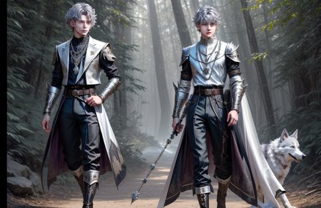 8k, wolf prince,   ((masterpiece)).((best quality:1.2)),  sharp focus, full body, head to toe, 1 young man, 22 years old, youthful appearance, male focus, dynamic pose,  silver colored hair, curly hair, EYESHD,  small testicle bulge, Nora outfit fur accents, Nora outfit bead necklaces, Nora outfit pants, Nora outfit hip quiver, Nora outfit leg guards, Nora outfit arm braces, Nora outfit belt with pouches, and Nora outfit fur boots,   defined body, thin waist, looking at camera, armor,  detailed background a wooded clearing, a pet wolf standing nest to him,(absurdres) , <lora:more_details:0.5>, <lora:wrenchftmfshn>,<lora:add-detailxl:0.8>, <lora:Eyes_High_Definition-000007>, , <lora:lightup_brightness_v200:1>, <lora:Nora:1>