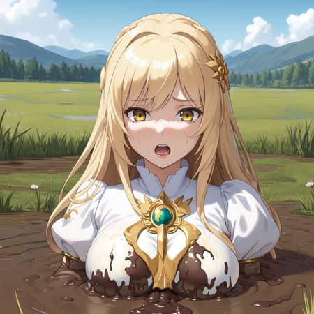 masterpiece, best quality, digital art, deviantart, 1girl, golden hair, large breasts, white dress, gold ornaments, priestess, green grass, hills in the distance, trees, flowers, blue sky, partially submerged, brown mud, mud bog, sticky mud, scared, worried, screaming, close up, upper body shot