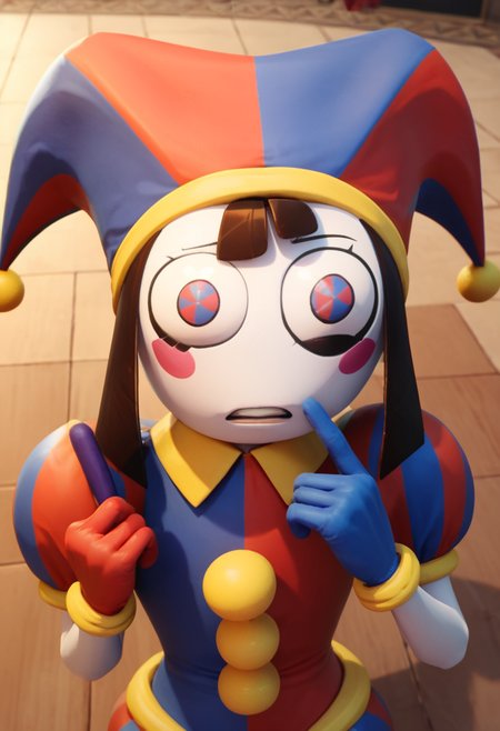 masterpiece,best quality, highly detailed, score_9, score_8_up, score_7_up, score_6_up,<lora:xl_more_art-full_v1:0.8>,
BREAK
 <lora:pomniXL:0.8>pomni, jester cap, solo, hat, blush stickers, brown hair, looking at viewer, facepaint, gloves, clown, teeth