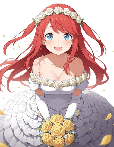 <lora:Theresia van Astrea Illu:1>
theresi4, 1girl, wedding dress, blue eyes, yellow flower, red hair, head wreath, smile, holding bouquet, long hair, white dress, yellow rose, petals, open mouth, off-shoulder dress, white rose, two side up, blush, looking at viewer, medium breasts, off shoulder, :d, cleavage, flower wreath, white flower, bridal gauntlets, collarbone, bare shoulders, layered dress, elbow gloves, hair ornament, dress bow, hair flower, white gloves, frilled dress, dress flower, bride, depth of field, 
simple background, white background,, masterpiece, best quality, amazing quality