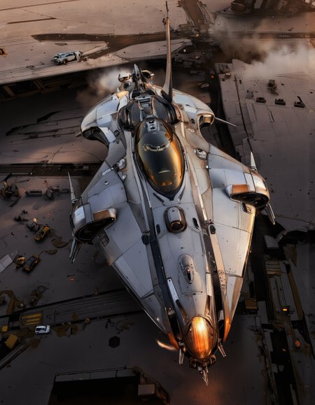 Art by Andrian Luchian. A futuristic, sleek, metallic spaceship flying over a futuristic cityscape at sunset. the spaceship is positioned in the center of the image, with its sleek, streamlined design standing out against the dark, industrial setting. it has a large, angular nose and a pointed nose, giving it a modern and sophisticated look. the spacecraft is illuminated by a warm, orange light, casting a soft glow on its metallic surface. the cityscape below is detailed with lines and geometric patterns, and there are several vehicles parked nearby, adding to the futuristic feel of the scene. the image is taken from a high angle, looking down on the spaceship, giving a sense of depth and perspective.