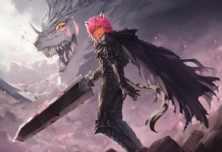 masterpiece, very aesthetic, anime screenshot, 1girl, Pink_PonyXL, DragonSlayerSword-Il.V1.0, black armor, shoulder armor, gauntlets, greaves, bandaged arm, black cape, torn cape, bright pink hair, cat ears, scar on nose, cat bell around neck, tanned, white tiger tail, small breasts, femine body, smiling, making a cute cat face, single fanged tooth showing, standing, looking at viewer, side view, wielding-dragonslayer, huge weapon, sword, holding sword, holding weapon, full body, zoomed in on pink_ponyxl, Dutch angle, cowboy shot 
Break
City of hyrule, bright and sunny, happy adoring crowd