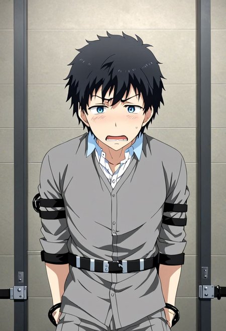 high resolution, solo, best quality, 1Boy, Arata Kaizaki, Black Hair, Blue Eyes, arrested, restrained, struggling, handcuffs, interrogated, interrogation room, OverallDetail