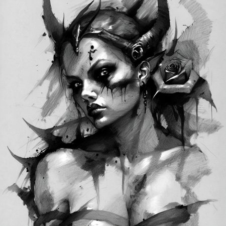 drawix8 demon girl with a black rose on her chest, hell in the background, masterpiece, unusual expressive shot <lora:drawix8:1>