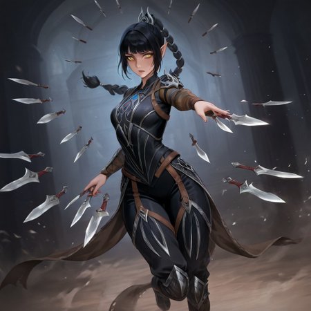 masterpiece, best quality, newest, absurdres, highres, 
anime, anime style, 
1girl, shadowheart \(baldur's gate\), long braid, elf, pointy ears, black hair, braid, side bangs,
KFV1.0, knife, throwing, throw, throwing knife, 
multiple knives, holding, holding knife, weapon, holding weapon, 
knives between fingers,