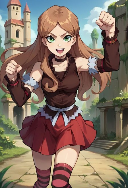 score_9, score_8_up, score_7_up, source_anime,  <lora:Sophie_Casterwill-000009:0.8> Sophie Casterwill, 1girl, long hair, brown hair, green eyes,  detached sleeves, choker, red skirt, striped legwear, thighhighs, happy, dynamic pose, outdoors, lush background, castle ruins, looking at viewer