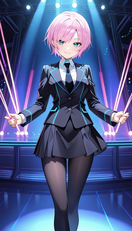masterpiece, best quality, very aesthetic, absurdres,
solo, 1girl,

nijiriri, blue eyes, green eyes, pink hair, short hair,

smirk,

danceing,

in night club, rave, music, colorful lights, School Uniform, black pantyhose,laser lights, neon,