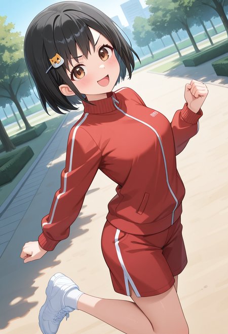 1girl,solo,<lora:minaeil:0.9>,ono_minae,brown eyes,black hair,short hair,hairclip,dog hair ornament,hair ornament,gym shorts,red shorts,track jacket,red jacket,long sleeves,looking_at_viewer,from_side,dynamic_angle,smile,open mouth,v-shaped eyebrows,day,park,clenched hands,standing_on_one_leg,incredibly absurdres,masterpiece,best quality,good quality,newest,