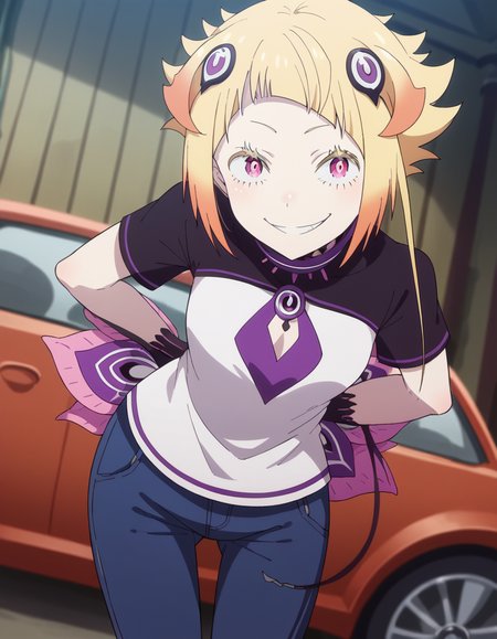 score_9, score_8_up, score_7_up, source_anime, <lora:capella-emerada-lugunica-s3-p1-ponyxl-lora-nochekaiser:1>, capella emerada lugunica, short hair, blonde hair, hair ornament, pink eyes, multicolored hair, gradient hair,, shirt, t-shirt, white shirt, pants, denim pants,, garage, car, tools, mechanic, repair, smile, hands behind back, bent over,, looking at viewer, solo,, dutch angle, cowboy shot