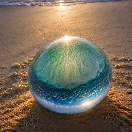 macrophotography,extreme close up of (perfectly spheric glass ball) partially buried in sand beach at sunset, Sunset beams on the windblown sand through glass, <lora:EnvyRefractionXL01:1>, This should be a ((masterpiece)) with a ((best_quality)) in ultra-high resolution, both ((4K)) and ((8K)), incorporating ((HDR)) for vividness. It uses a ((Kodak Portra 400)) lens for timeless, professional quality. Emphasizes a ((blurred background)) with a touch of ((bokeh)) and ((lens flare)) for an artistic effect. Enhance ((vibrant colors)) for a vivid look. Make sure the photograph is ((ultra-detailed)) and shows ((absurd)) details. Pay special attention to capturing the ((sadness)) of the subject. The goal is to create a ((professional photograph)) that is visually stunning and technically excellent, fluorescent dust, glowing dust