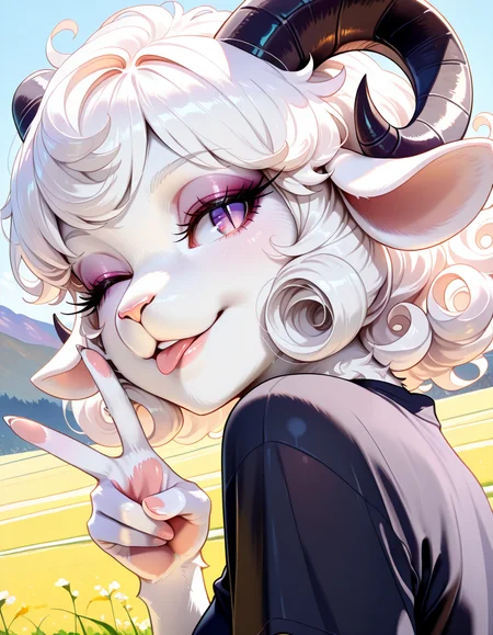 masterpiece, best quality, very aesthetic, absurdres,
outdoors, 
upper body, headshot, face focus,
looking back, one eye closed, tongue out, v, 
black shirt, 
seductive smile, parted lips, long eyelashes,
<lora:Dolly_v02_NAIXL:1>
Dolly,1girl, solo, furry female, sheep girl, sheep ears, black horns, short curly hair, white hair, purple eyes, slit pupils, animal nose, body fur, white fur,