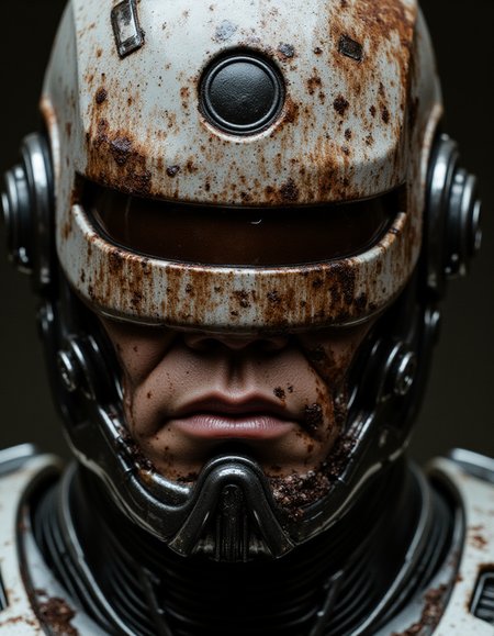 establishing shot, fuji superi400, gel lighting, Macro Photography, glitch style, Anxious and radiant, lumix gh5 digital, ilford hp5 plus b&w, ((a close-up establishing shot)) robocop, a dilapidated Nathan Fillion with mechanical armor, stained with blood and dust. studio metal textures, Three-Eyed, damaged implants. futuristic dystopian enchanted, aggressive lighting with Personal glare. darksyber Abhorrent, photorealistic style, full-length Studio shot, (central african:1.15) , (Lavender lips:1.05) , (Stool eyebrows:1.05) , (electric pink mouth:1.05) , square with -buildfacepart- jaw face-shape, (braided hair style:1.05) , (Trendy hair color:1.05) , (flyweight hair length:1.05) , A close up view of the face of a robot. The robot's face is covered in DayGlo and Chestnut paint. The nose of the robot are covered in Flowery electric orange paint. There is a large circle in the center of the The Waterbending Scroll that is black in color. There are ridges of the metal around the robot's neck and around the neck. The figure's neck is made up of a series of ridges and bumps that run vertically. The face of the figure is covered by the highly detail paint.