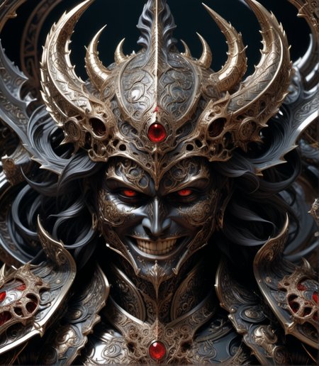 <lora:KarolBakXL:0.6>,kbak style,evil armored god,vivid,smile,malicious intent,epic,, 8k uhd,absurd res,ultra detailed,masterpiece,awardwinning,sharp focus,intricate detail,50mm lens