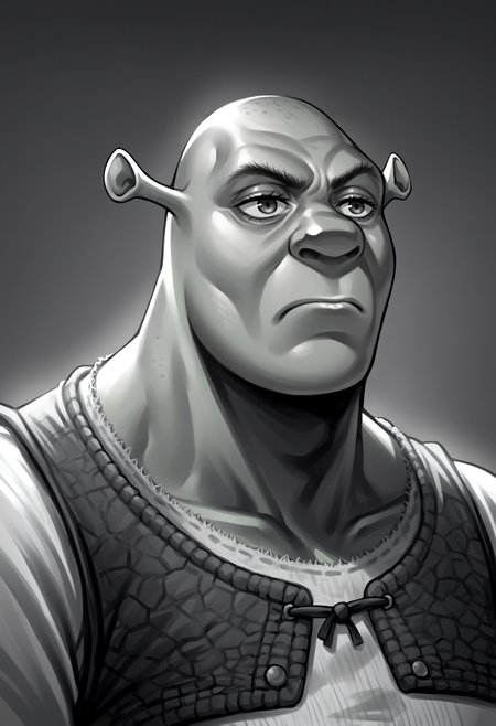 score_9, score_8_up, source_anime, shrek, green skin, <lora:Shrek_XLPD:1>, upper body, monochrome, greyscale, expressionless, muscular,