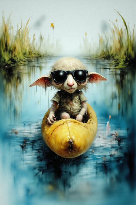 Create image of mini world with mini rider racing boat made of banana in the blue water flowing river with beautiful green serene view in the side 

The sheep's wool appears thick and soft, with a slightly textured surface that contrasts with the smooth, glossy lenses of the sunglasses. The overall composition of the image is playful and whimsical, capturing the sheep’s humorous expression while maintaining a realistic and detailed depiction of the surrounding environment.,Dark Art