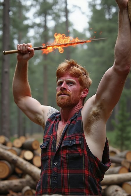 A stunning high-resolution photograph of Aric, a striking ginger man,An action-packed close-up shot of Aric, the ginger warrior, standing ready with a sword of mesmerizing red and yellow fire. The flames dance with fantasy and excitement, casting a warm glow on his face, which exhibits fierce determination. In this serene forest background, ancient trees loom behind him, their trunks bathed in soft light, creating a magical contrast between the natural world and the fiery weapon he wields. The focus captures the intense moment as he prepares to strike, with the surrounding flora blending seamlessly into the magical scene. Created Using: macro photography, cinematic lighting effects, vibrant color interplay, expressive emotion, natural setting, action-oriented composition, high-definition detail, storytelling perspective