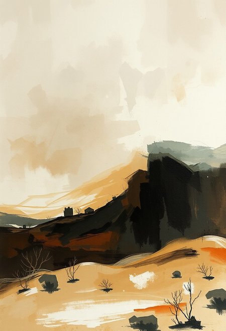A windswept landscape, expressive landscape painting meets organic architectural minimalism, gestural abstraction fused with fluid structural form, atmospheric textures with flowing geometric rhythm, emotional environments blending built and natural elements, earthy painterly tones with light-filled modern design, poetic solitude in abstracted urban space, textured brushwork meets conceptual transparency, spontaneous composition with architectural precision, moody impressionism merged with soft, curved spatial design, memory-driven spaces with contemporary lightness, meditative tone, natural form in structural abstraction