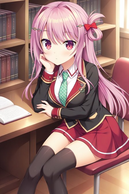 masterpiece,best quality,amazing quality,highres,scenery,newest,1girl,official style,kaguya,hair ornament,bangs,hairclip,pink hair,long hair,hair between eyes,bow,hair bow,red bow,hair intakes,red eyes,hair bun,kaguya school,skirt,red skirt,white shirt,jacket,shirt,necktie,pleated skirt,black jacket,collared shirt,plaid necktie,school uniform,hairclip,hair rings,medium breasts,green necktie,blazer,one side up,black thighhighs,<lora:AMBITIOUS-kaguya-V1:1>,library,hand rest,looking at viewer,desk,legs under desk,sitting,
