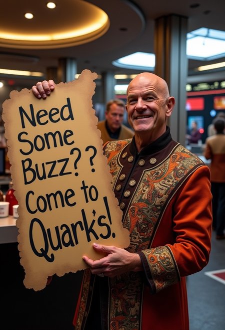 "A playful scene featuring the Star Trek: Deep Space Nine character Quark standing in front of his bar, holding a large, hand-crafted sign that reads 'Need Some Buzz? Come to Quark's!' in bold, fun lettering. Quark has a mischievous grin, with one eyebrow raised, and is dressed in his usual ornate, colorful outfit. The background shows the lively atmosphere of the promenade with futuristic lights and the station’s architecture. The overall vibe is humorous, capturing Quark’s opportunistic nature in a light-hearted, fun way."