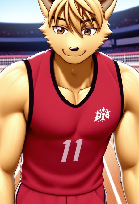<lora:DanielDxO_ILLXL:1>, daniel, dingo, blond fur, blond hair, short hair, brown eyes, no humans, perfecteyes, furry male, furry, anthro, 1boy, solo, muscular, athletic build, large pectorals, beautiful, highres, absurdres, hyper-detailed, depth of field, very aesthetic, soft shading, photorealism, photorealistic, high sharpness, vibrant colors, dynamic angle, semi-realistic lighting, detailed background, basketball court, red tank top, red shorts, sportswear, face focus, close up, portrait, smile, ^_^