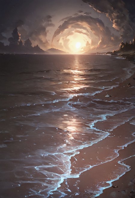 (Soft Lighting Photography by Mimoza Veliu and Mario Giacomelli:1.2), 
Seaside, ocean, cartoon, 
side soft light, Dark environment, black over black, highly detailed, masterful painting in the style of Anders Zorn and Aleksi Briclot, oil on canvas,