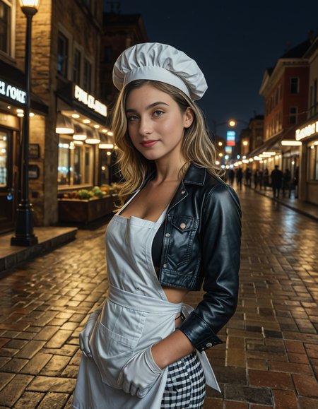 cowboy shot, looking at viewer,female_focus, medium close-up,,A woman wearing a White apron, jacket, checkered pants, chef hat, towel, clogs ,stands confidently in a bustling city street at dusk. The streetlights cast a warm glow on the pavement, and neon signs flicker in the background. The personâs white gloves contrast sharply against the dark outfit, adding a touch of elegance. A light evening mist rises from the ground, creating a cinematic atmosphere. Pedestrians pass by, some glancing curiously at the well-dressed figure. The cityscape features modern and old architecture, blending tradition with contemporary urban life.
<lora:SDXLFaeTastic2400:0.4> <lora:extremely_detailed:0.4> extremely detailed, Masterpiece,best quality,hi res,8k,hi res,8k,award winning,(sharp focus, intricate, highly detailed),