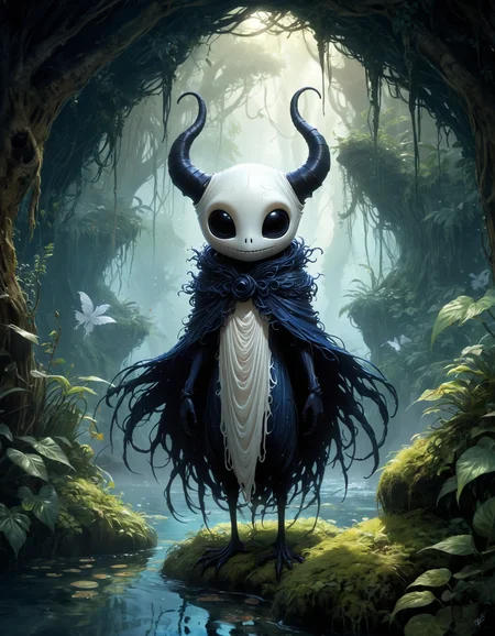 hyper detailed,  cute, blank, delightful, mysterious, by Christophe Vacher and by David B. Mattingly , famous artwork inspired by (hollow knight:1.1) and (ori and the blind forest:1.2) and (chris achilleos:1.2) and (jessica rossier:1.2), detailed expressive eyes, fantasy style, in the heart of the jungle on planet "grobshnuggler i", the "flamboyant lerkimfraggler" with its perlyfumed claws and its glowing thoggled eyes prowls through the shadows, surrounded by the ancient overgrown ruins of the gonzers and the swirling pools of zoodlecrunch, dark, shadows, black, shadow hues, highly artistic, highly painterly, harmonic colors, expressive, ultimate aesthetic level, visible brushstrokes, masterclass artistry, vibrant energy, apocalyptic mood, atmospheric haze and dense fog, strong winds,  highly aesthetic, otherworldly, limited palette,  faded colors, washed out colors, extremely dark, extremely low key lighting, dark shadows, perfect composition, full panoramic shot