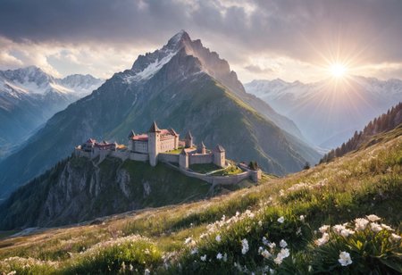 alpine landscape, gloomy old fortress on the slopes of the mountains, flowers and sun, snow-capped mountain peaks in the background, pastoral, detailed drawing, liner, backlight, delicate colors.
