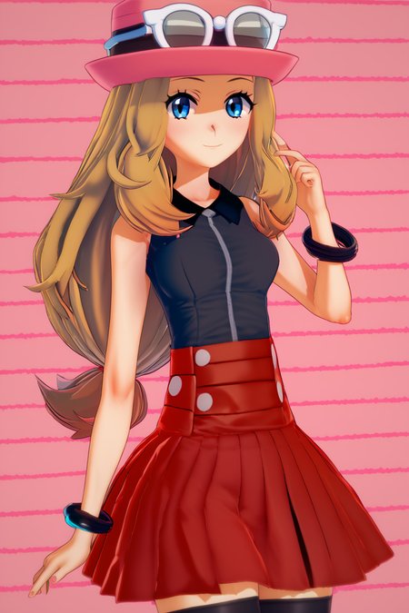 score_9, score_8_up, score_8, medium breasts, (curvy), cute, eyelashes,       BREAK, , BREAK, zzSerena, solo, long hair, blue eyes, eyewear on headwear, pink headwear, eyelashes, sleeveless shirt, black shirt, bracelet, high-waist skirt, red skirt, black thighhighs,<lora:SerenaPokemon_PDXL_r1:0.8>, <lora:Koikatsu_PDXL:1.0>, , BREAK,  smile, looking at viewer, cowboy shot,  embedding:zPDXL, Expressiveh, <lora:SDXLFaeTastic2400:0.5>,  <lora:Expressive_H-000001:0.4>,