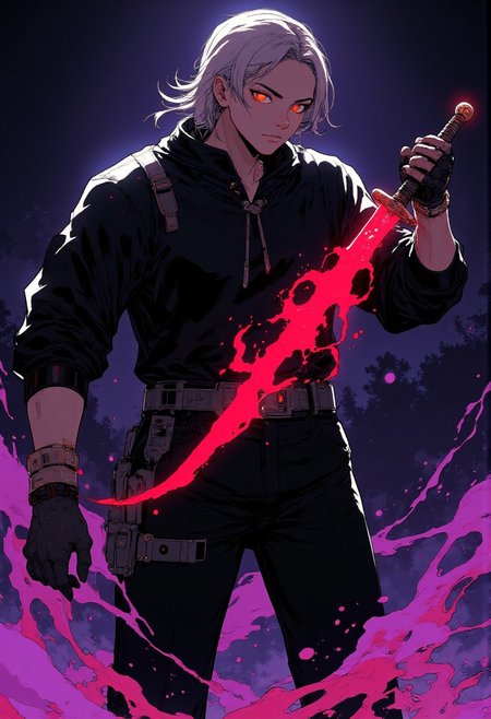A dynamic and intense anime-style illustration featuring a colossal Dragon Samurai. The character towering and muscular, with long white hair tied in a ponytail, and glowing yellow eyes that pierce the darkness. He holds a katana in front of his face, the blade intricately etched with a red glowing dragon that seems to writhe and swirl along its length. Abstract splashes of purple and white energy swirl around, creating a sense of motion and raw power. The overall composition is dramatic, with sharp, angular lines and bold contrasts between the dark background and the vivid purple and white accents. The style is inspired by high-energy action scenes in manga or anime, with an emphasis on minimalistic colors and a high-impact, modern aesthetic. The atmosphere is dark, electrifying, and filled with a sense of impending action.