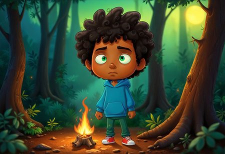 max (camp camp), cartoon theme, max (camp camp), 1boy, solo, human, male focus, curly black hair, curly tousled black hair, afro, dark skin, dark-skinned male,  large eyes, round eyes, green eyes,small nose, triangular nose, pointed nose, blue hood, blue pants,  beautiful dark forest, night , midjourneyv6.1, flux-style