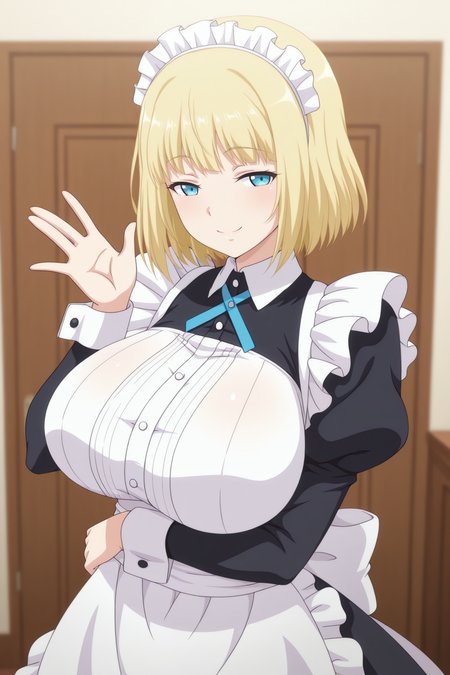 masterpiece, best quality, amazing quality, 1girl, 4r1s4suzum4ru, blonde hair, short hair, blue eyes, big_breasts, maid, maid_costume, indoors, aesthetic, hand on own waist, smile, waving