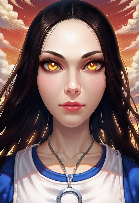 SCORE_9, SOURCE_realism, SOLO, 1GIRL, PORTRAIT, CLOSE UP, FRONT VIEW, ALICE LIDDELL, BLACK HAIR, yellow glowing click eYES, DRESS, APRON, NECKLACE, RED SKY, CLOUDS,