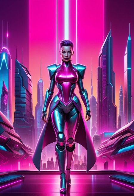 A striking poster illustration featuring a vibrant magenta background. The central focus is a strong-willed female protagonist, dressed in a combination of futuristic armor and elegant garments, standing tall with her hands on her hips. In the background, a cityscape with towering skyscrapers and neon lights glimmers with a dystopian atmosphere. The overall design is sleek, modern, and packed with visually dynamic elements.