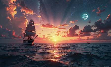 A breathtaking cinematic shot of a celestial seascape, where a lone sailing frigate glides across the deep blue ocean. The ancient vessel stands out against the backdrop of a mesmerizing sky, painted with vibrant hues of fiery orange and pink that seamlessly blend with the inky blackness of night.   A crescent moon casts a soft glow, illuminating the bioluminescent shimmer of the water. The vast ocean and celestial sky evoke a sense of tranquility, wonder, and awe.   The solitary ship adds an air of mystery and adventure, inviting the viewer to embark on a fantastical journey.  This conceptual art piece masterfully blends natural beauty with artistic imagination, capturing the magic of the night sky and the allure of the open sea.
