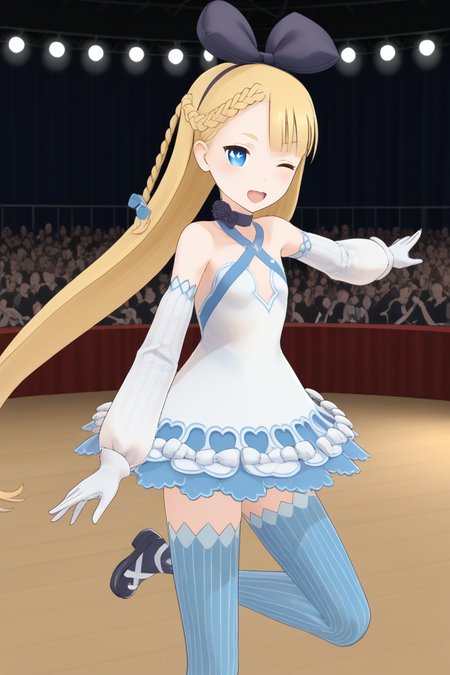1girl, crowd, aliciasolidnnd, blonde hair, very long hair, braid, hair bow, hairband, blue eyes, symbol-shaped pupils, choker, criss-cross halter, dress, detached sleeves, gloves, vertical-striped thighhighs, standing, open mouth, smile, dancing, stage, concert, audience, cowboy shot, wink, from side, dynamic pose,