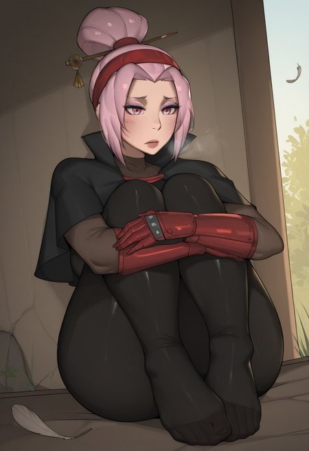 outdoors, undershirt, falling feathers, black bodysuit, hair stick, hugging own legs, , gauntlets,   eyeshadow,   red gloves,  high ponytail,  , black capelet, red hairband, pink eyes, 1girl, solo, feet, visible breath, 
 dynamic angle, foreshortening, smell, steam, bobtheneet