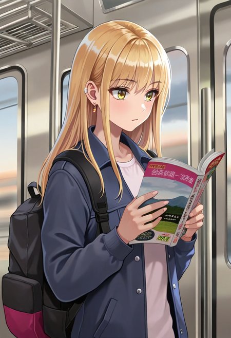 masterpiece,best quality,amazing quality, ruriko, long hair, blonde hair, yellow eyes, 1girl, backpack, bag, train interior, solo, jewelry, earrings, jacket, reading