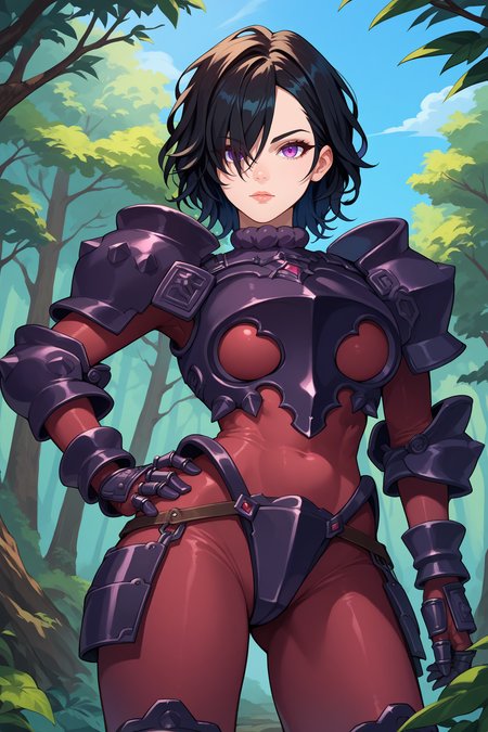 score_9, score_8_up, score_7_up, score_6_up, source_anime, 1girl, solo,  <lora:berengaria-pdxl-nvwls-v1-000006:1> berengaria, black hair, short hair, purple eyes, hair over one eye, maroon bodysuit, long sleeves, black armor, gauntlets, big breasts, looking at you, blue sky, forest, alpine forest, upper body, hand on hip