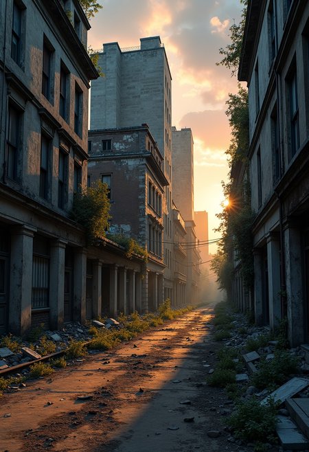 Crumbling buildings dominate an abandoned cityscape, 
overtaken by nature, 
as the sun sets casting play of deep shadows accentuating the ruins, 
faded storefronts, 
intertwining vegetation, 
absence of human life, 
warm glow of twilight, 
enveloping silence, 
texture of decay, 
urban decay storytelling, 
cinematic, 
dramatic lighting, 
ultra fine details.