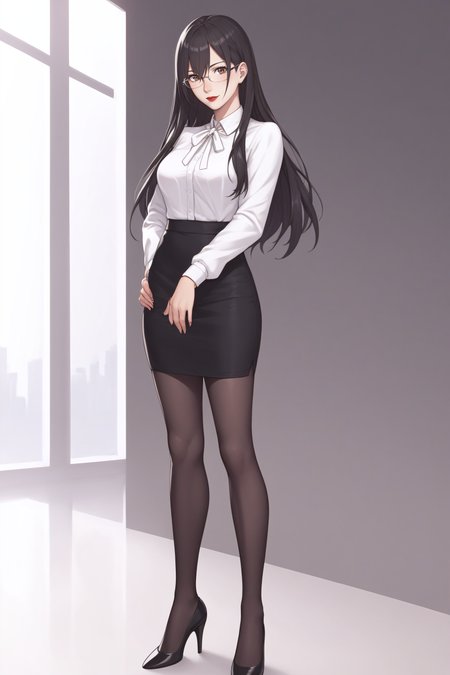 score_9, score_8_up, score_7_up, BREAK source_anime, <lora:Mayuri Hanyuu-PonyXL-lora-Faxtron:0.8> mayuri hanyuu, brown eyes, black hair, long hair, medium breasts, red lips, glasses, white shirt, white neck ribbon, pencil skirt, black pantyhose, high heels, standing,