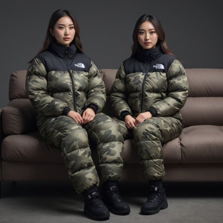 (full body shot) cute two japanese tall women wearing Camouflage prints with a twist (e.g., urban camo)  tnf_nuptse jacket and thick puffy double layered tnf_nuptse puffer salopettes, hyperdetailed photography,4k textures,intricate details,4k resolution   <lora:pufferdown_tnf_nuptse:0.5>, sitting on a couch, in a dark room, cinematic still