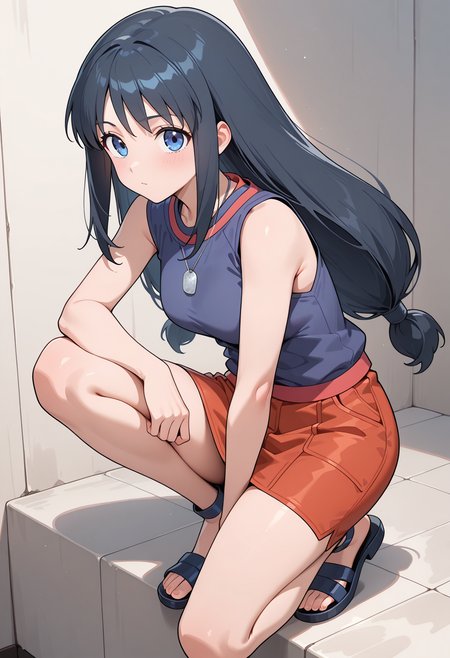 masterpiece, best quality, very aesthetic, absurdres, 1girl, solo,
<lora:may_wong_v02:0.9>, may_wong, may_casual1, black hair, long hair, low-tied long hair, twintails, blue eyes,
blue sleeveless shirt, dog tags, red skirt, sandals, posing