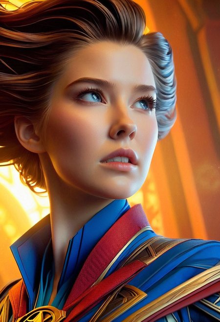 A young woman, hyper-realistic, wearing a intricately detailed Doctor Strange outfit, with a mystical aura, soft lighting, and a warm color palette, captured in a close-up shot from a slightly low angle, emphasizing her determined expression, with subtle shadows and textures, in the style of a cinematic digital painting.